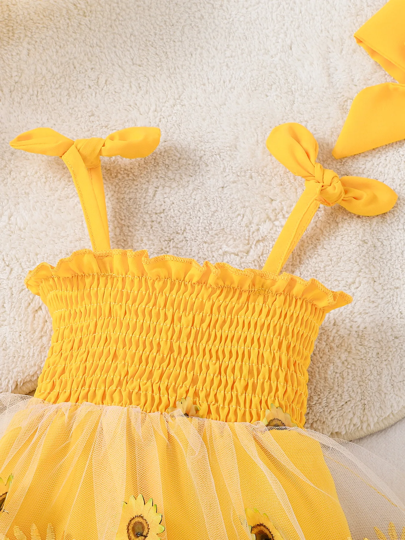 Baby Girl Sunflower Embroidered Tutu Dress Set, Yellow Bow Headband, Summer Sweet Princess Dress view 3