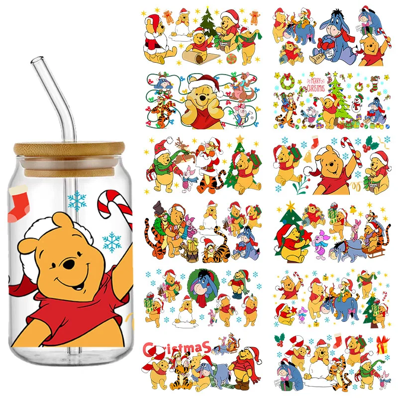 Miniso Christmas Pooh Decal UV DTF Cup Wrap for 16oz Washable DIY Mug Cute Cartoon Bear Transfer Sticker