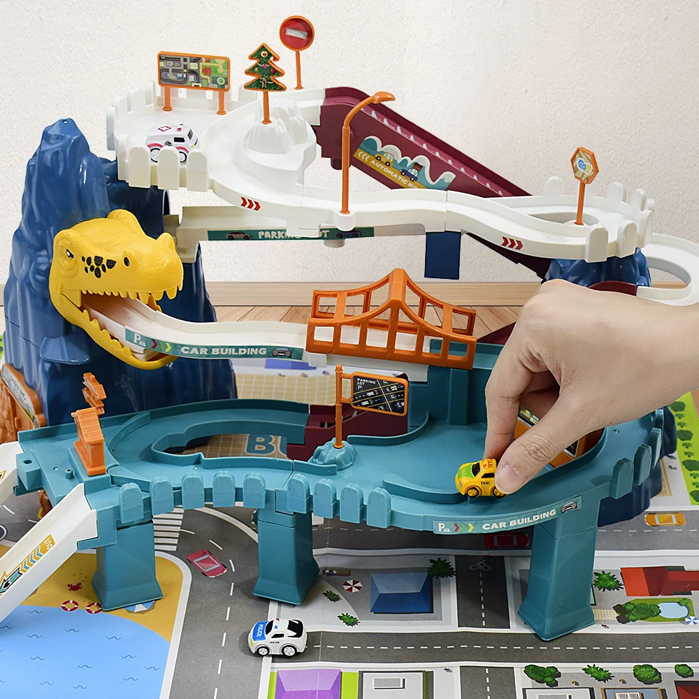 Pista de rampa de coche de juguete, carretilla de ferrocarril de colinas de escalada, vehículos coloridos, coche de ferrocarril, edificio de dinosaurios, estacionamiento, coche de carreras de aventura, juguete