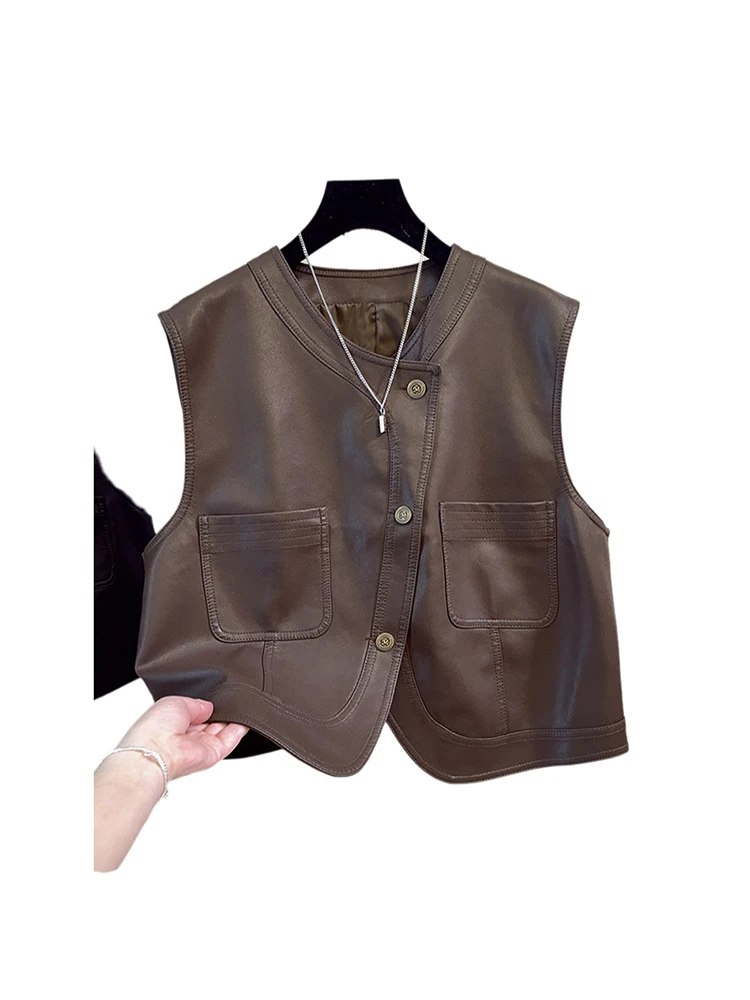 

rupa коричневый женский жилет из искусственной кожи, осень 2024, ретро, нерегулярный многослойный кожаный топ с джатом и овальниками, круглый топ для поездок на работу, Ne