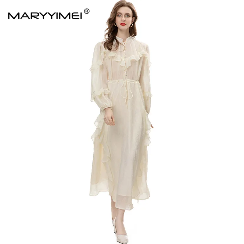 MARYYIMEI New Fashion Runway Designer Women\'s Clothing Stand-up Collar Lantern Sleeve Ruffled Patchwork Pleated Flower Dress