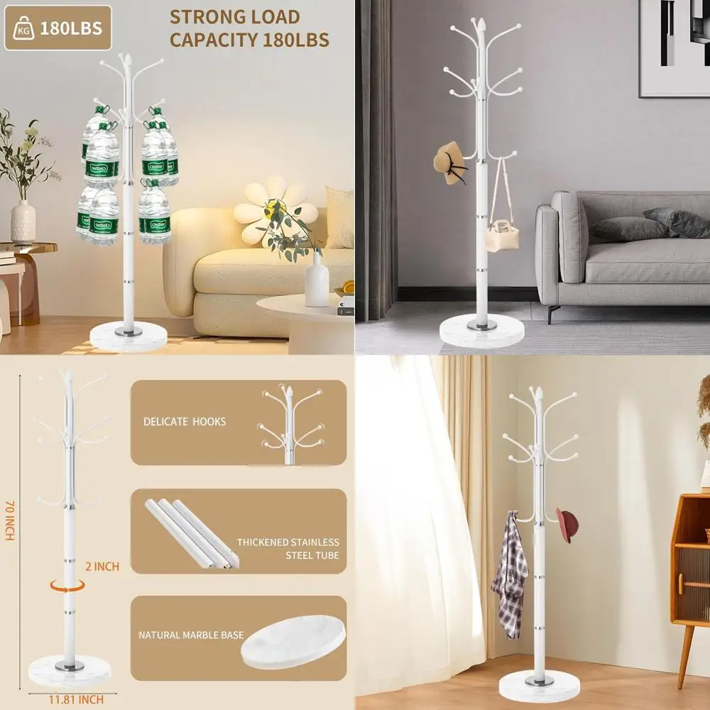 

Freestanding Coat Rack with Natural Marble Base, White, 12-Hook Hall Tree Stand for Entryway, Hallway, or Office