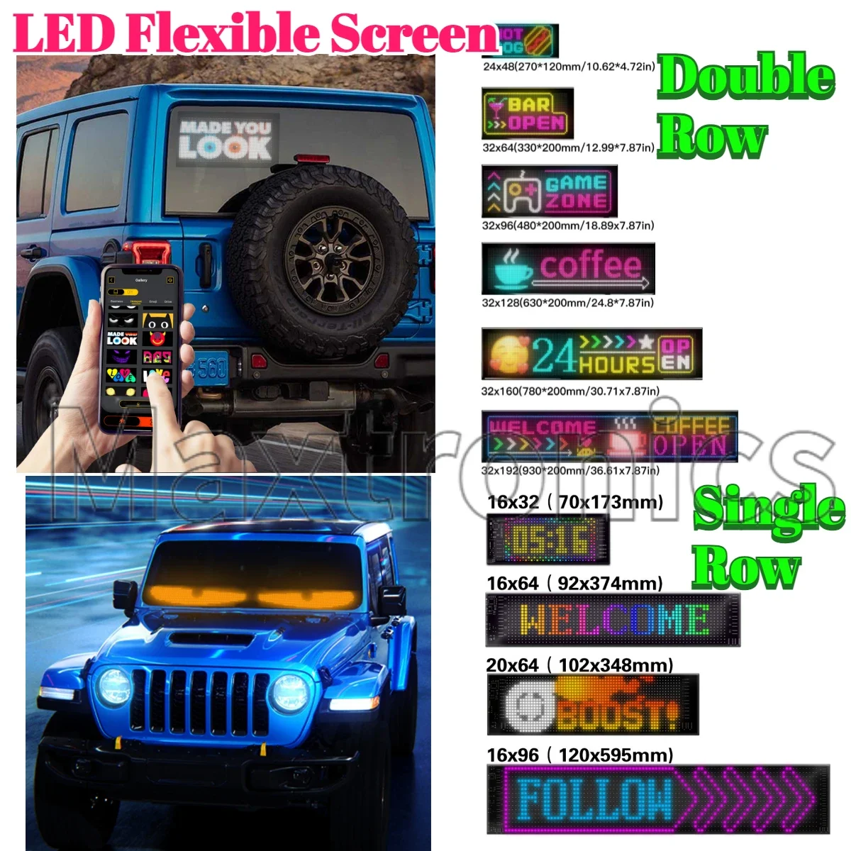 USB5V Doppia/Singola Fila A Scorrimento Pannello A Matrice LED Multilingue Smart App FAI DA TE Auto Camion Occhi Malvagi Schermo Flessibile Programmabile