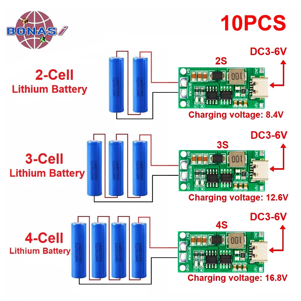 10PCS Multi-Cell 2S 3S 4S Type-C To 8.4V 12.6V 16.8V Step-Up Boost Polymer Li-Ion Charger 18650 Lithium Battery 7.4V 11.1V 14.8V