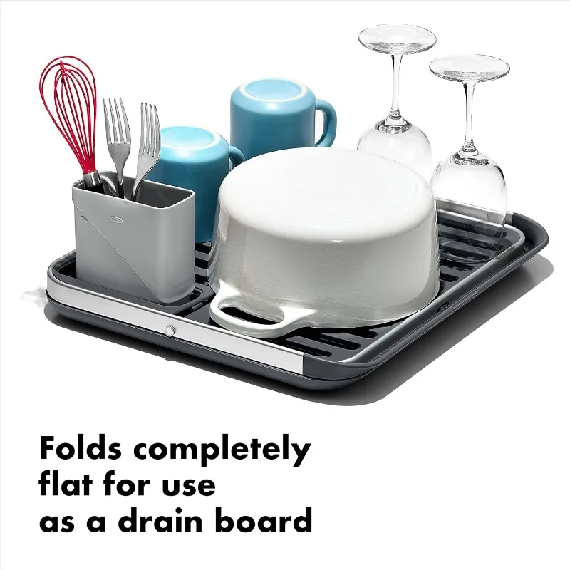 Good Grips Aluminum Fold Flat Dish Drying Rack, 2-Tier, with Drainboard, for Kitchen Counter, Collapsible