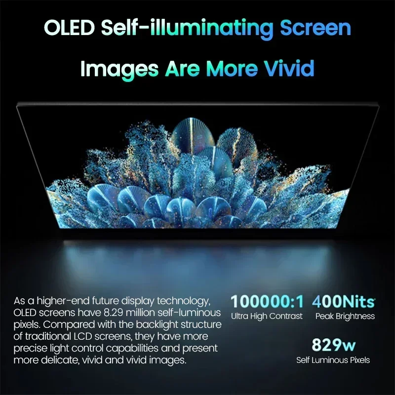 شاشة AMOLED محمولة تعمل باللمس مقاس 15.6 بوصة 4K مقاس 3840*2160P 400Nit HDR 100000 :1 شاشة عرض ألعاب 1MS للكمبيوتر المحمول والهواتف PS5 وXbox