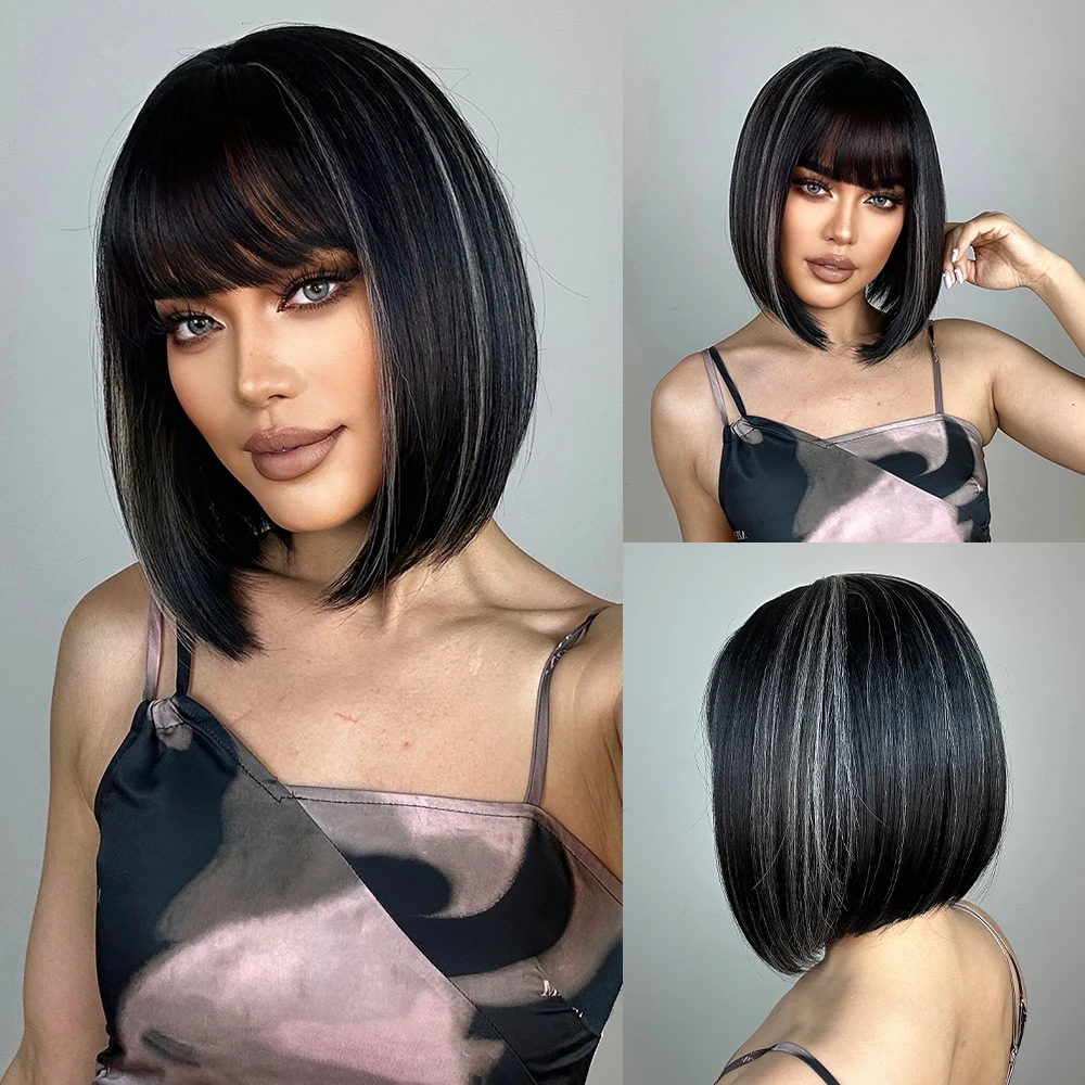 Black Mixed Blonde Short Bob Synthetic Wigs with Bangs Dark Straight Cosplay Daily Natural Hair Wig for Women Heat Resistant Use