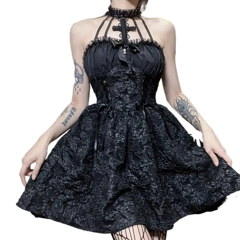 Fashion Gothic Style Halloween Club Dress Sleeveless Cross Chest Wrap Mini Dress Punk Jacquard Hanging Neck Skirt Lolita