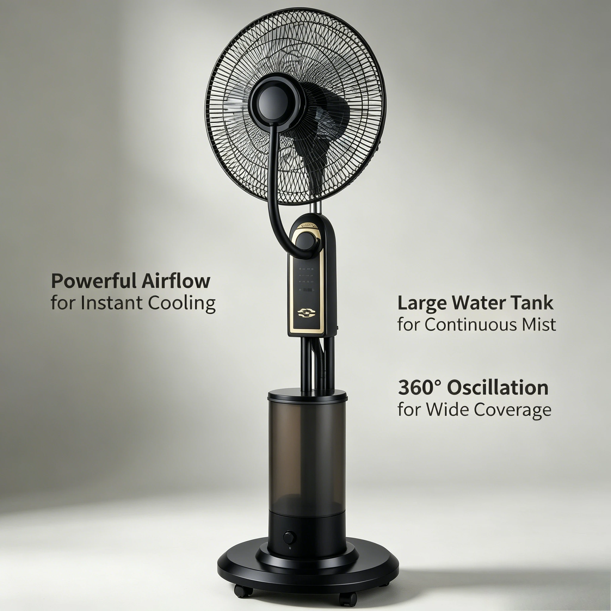 Household Misting Spray Oscillating Floor Fan, Remote Control Cooling Mist Standing Fan, Silent 3‑Speed Adjustable Ventilator
