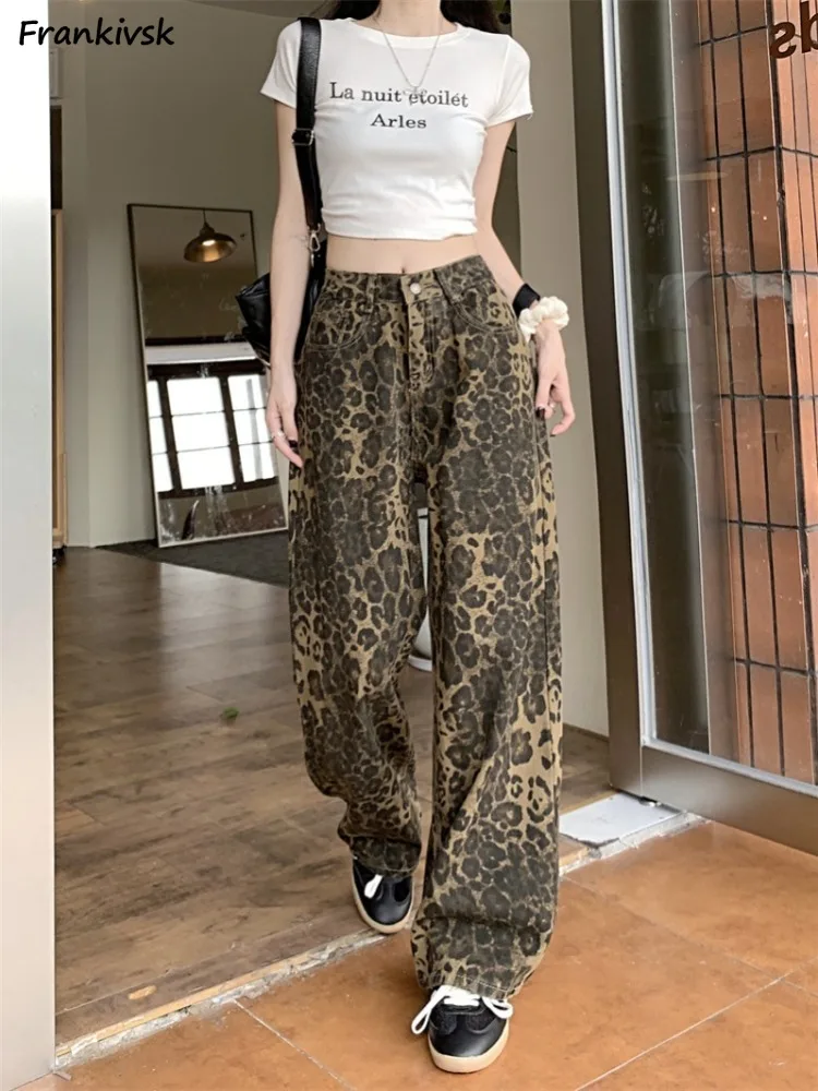 

Long Pants Women Leopard Personality Fashion Chic Casual Oversize Floor Length Vintage Aemrican Style Vintage Daily New Arrival