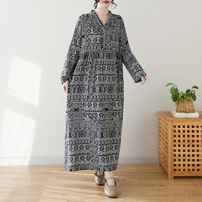 NYFS 2025 فستان طويل عتيق جديد لربيع وصيف فضفاض بأكمام طويلة مطبوع فستان نسائي رداء Elbise