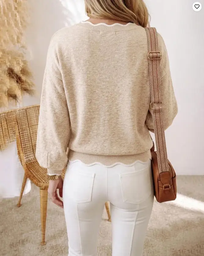 Women's Fashion Contrast Scallop Trim Knit Top 2026 Spring Autumn New V-Neck Lantern Sleeve Loose Fit Casual Pullover Sweater view 3