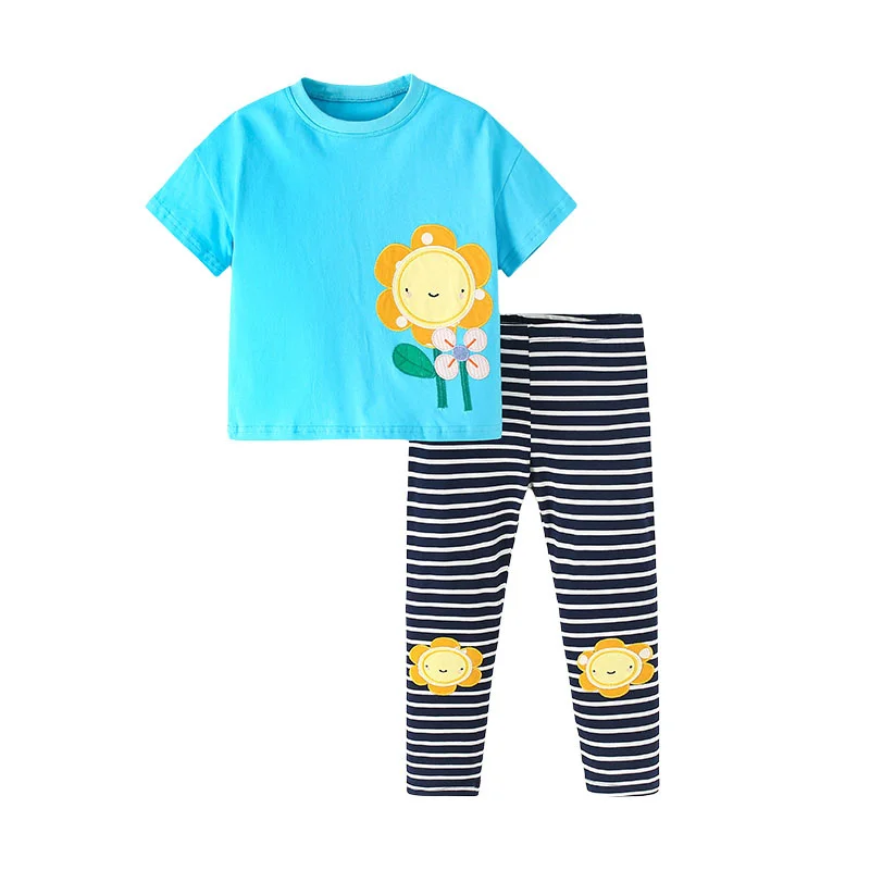 Jumping Meters 2-7T Girls Clothing Sets Kids Suits 2 Pcs Tops + Leggings Baby Costume Summer Flower Leopard Kids Wear Outfits