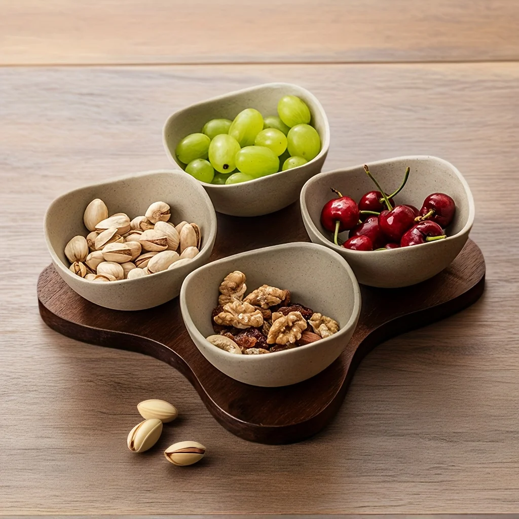 

A Set of Vintage Ceramic Petal-shaped Snack Plates, Including A Nut and Dried Fruit Plate with A Wooden Tray, Suitable for Home