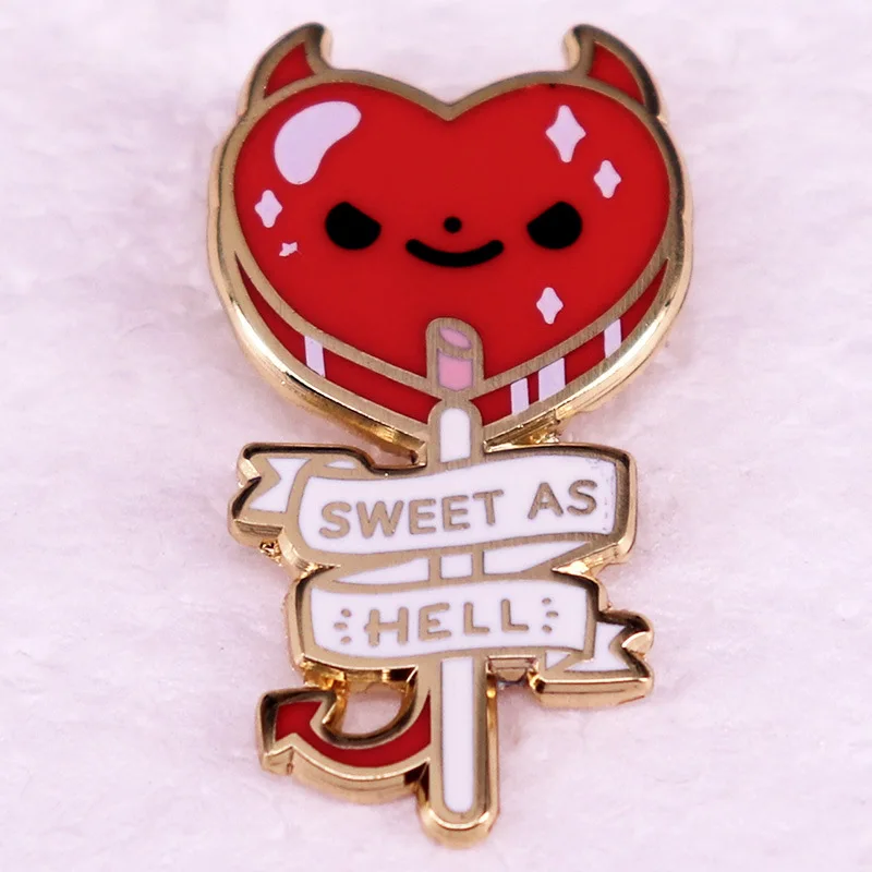 

Devil Heart Shape Lollipop Brooch Creative Funny Hell Candy Badge Coat Lapel Pin“sweet As Hell”Halloween Jewelry Gifts