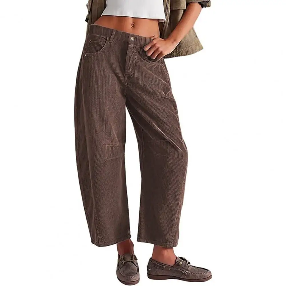 Thick Casual Women Corduroy Pants Elastic Waist Mid-rise Button Zipper Fly Wide Leg Vintage Slacks Pants