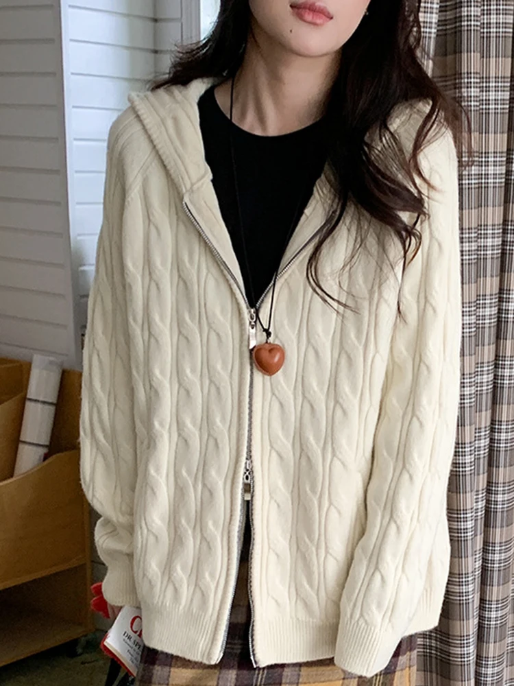 ヴィンテージカジュアルフード付きニットカーディガンセーター女性ルーズストリートウェア怠惰な風ジャケット長袖ダブルジッパーレトロトップス新