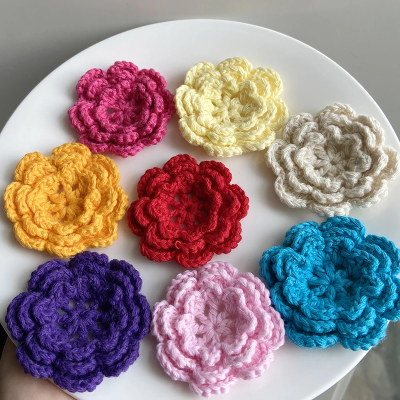 2Pcs Hand Knitting Crochet Flower Three Layer Multi Color Sewing Hat Clothing Cotton Fabric Mats DIY Craft Apparel Accessories