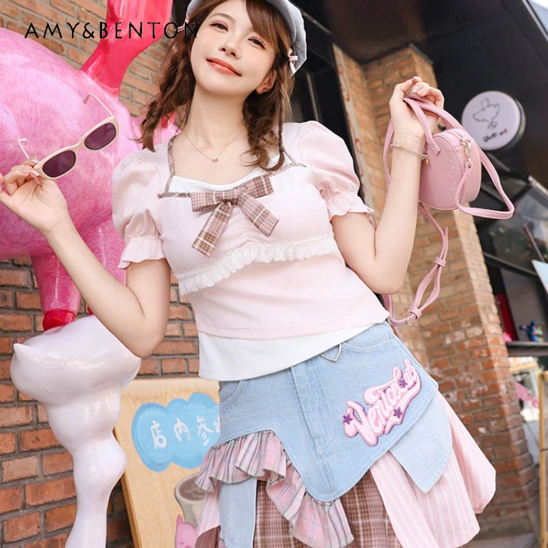 

2025 Pink Lace Bubble Sleeves Square Neck Women's Fake Two-piece Top New Design Plaid Cute Sweet Bow Thin Short T-shirt Ladies