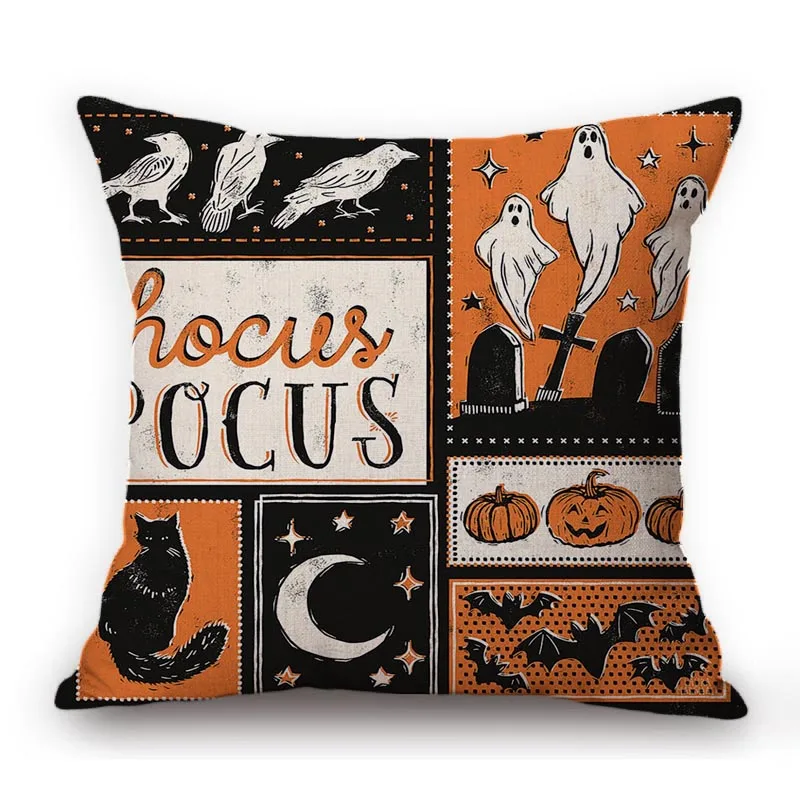 Spooky Witch Hocus Pocus Black Cat Wicked Crow Pattern Halloween Decoration Cartoon Art Sofa Pillow Case Linen Cushion Cover