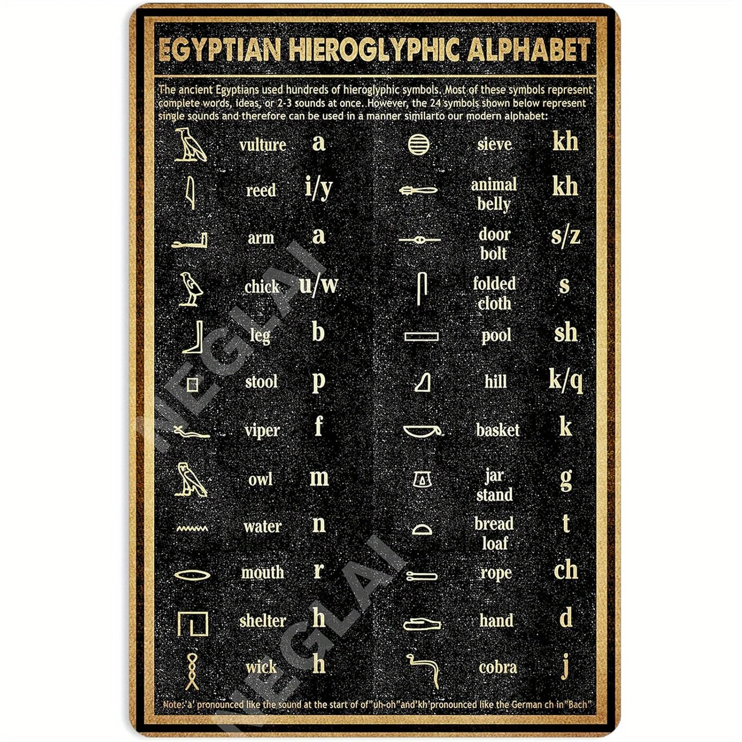 Vintage Egyptian Hieroglyphic Alphabet Metal Sign -   Educational Wall Art Decor, Durable Iron, Easy to Hang, Perfect for Youngs