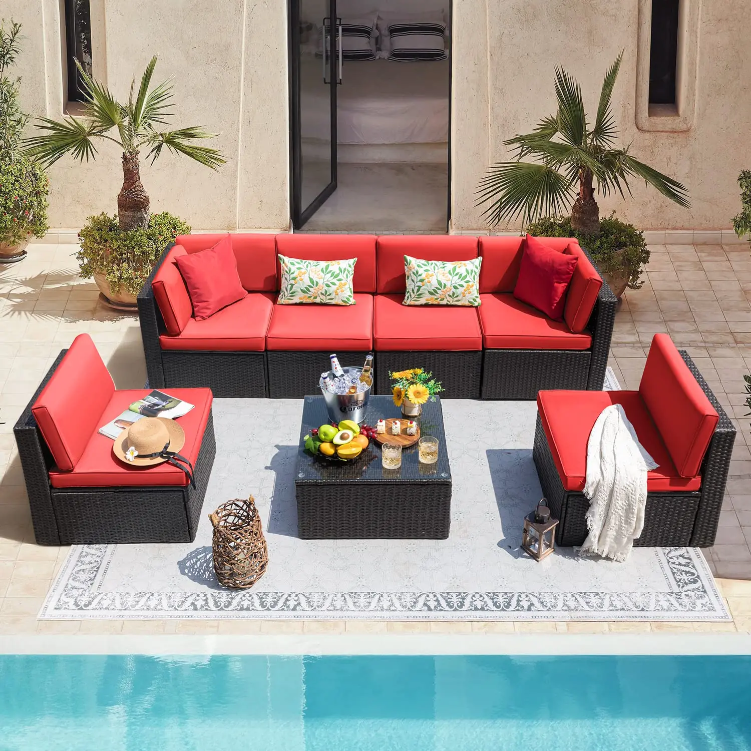 7 Pieces Outdoor Sectional Sofa Patio Furniture Sets Manual Weaving Wicker Rattan Patio Conversation Sets with, Customized