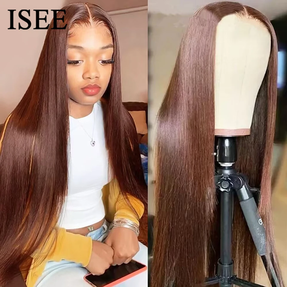 ISEE Hair #4 Wear And Go Chocolate Brown Straight Wig 4X4 Transparent Lace Front Glueless Human Hair Wigs Pre Cut PrePlucked