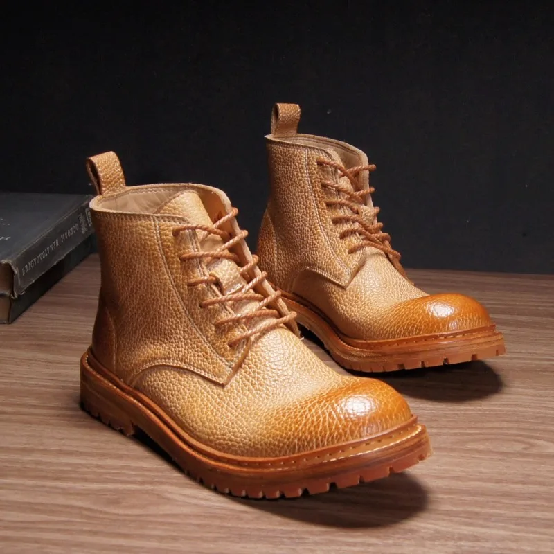 Vintage Genuine Leather Men Work Boots Thick Sole Lace-up Ankle Boots for Western Outdoor Street Wear
