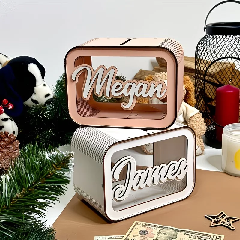 1 Stück Personalisierte Holz-Spardose, Gravierte Sparbüchse mit Namen, Geburtstags- und Weihnachtsgeschenk für Jungen und Mädchen