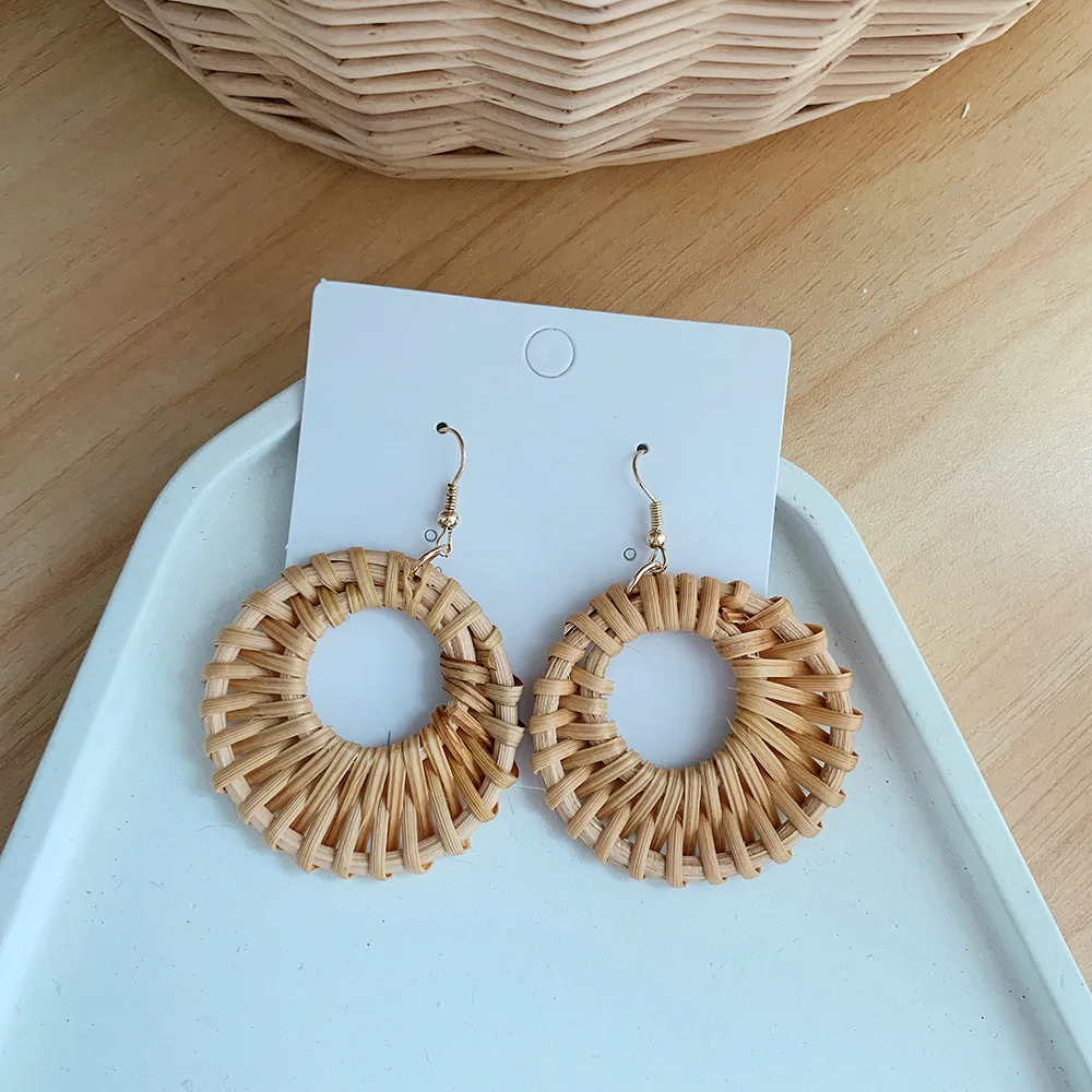 Fashion Korea Heart Handmade Geometric Wooden Big Hollow Out Square Rattan Straw Weave Drop Earrings for Women Jewelry Wholesale