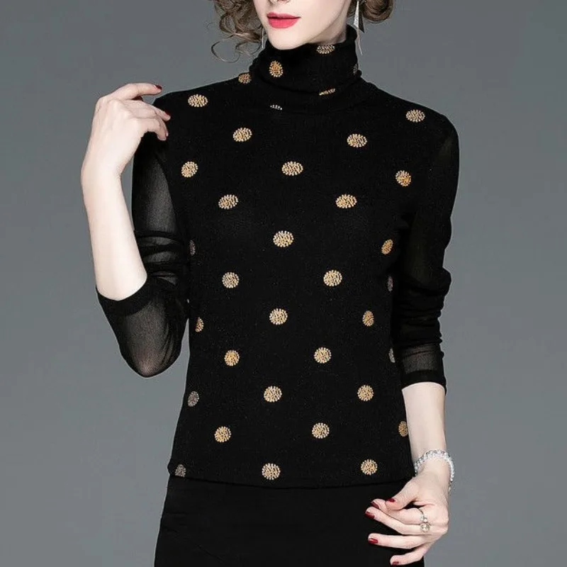 Slim Women's Pullover Polka Printed Dot Tops Autumn and Winter New High Collar Gauze Long Sleeve Fashion T-shirt Female Clothing