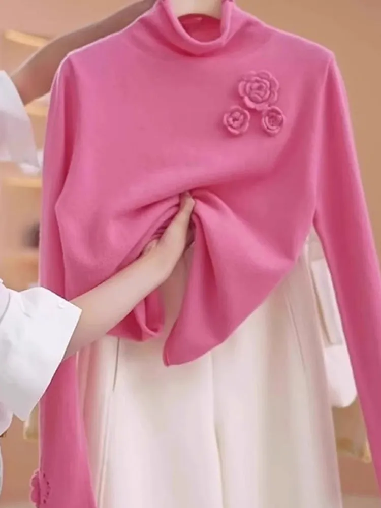 

Faionable Long Sve Удобный вязаный свитер с высоким воротником Цветной цветочный дизайн Свободный крой Autu...