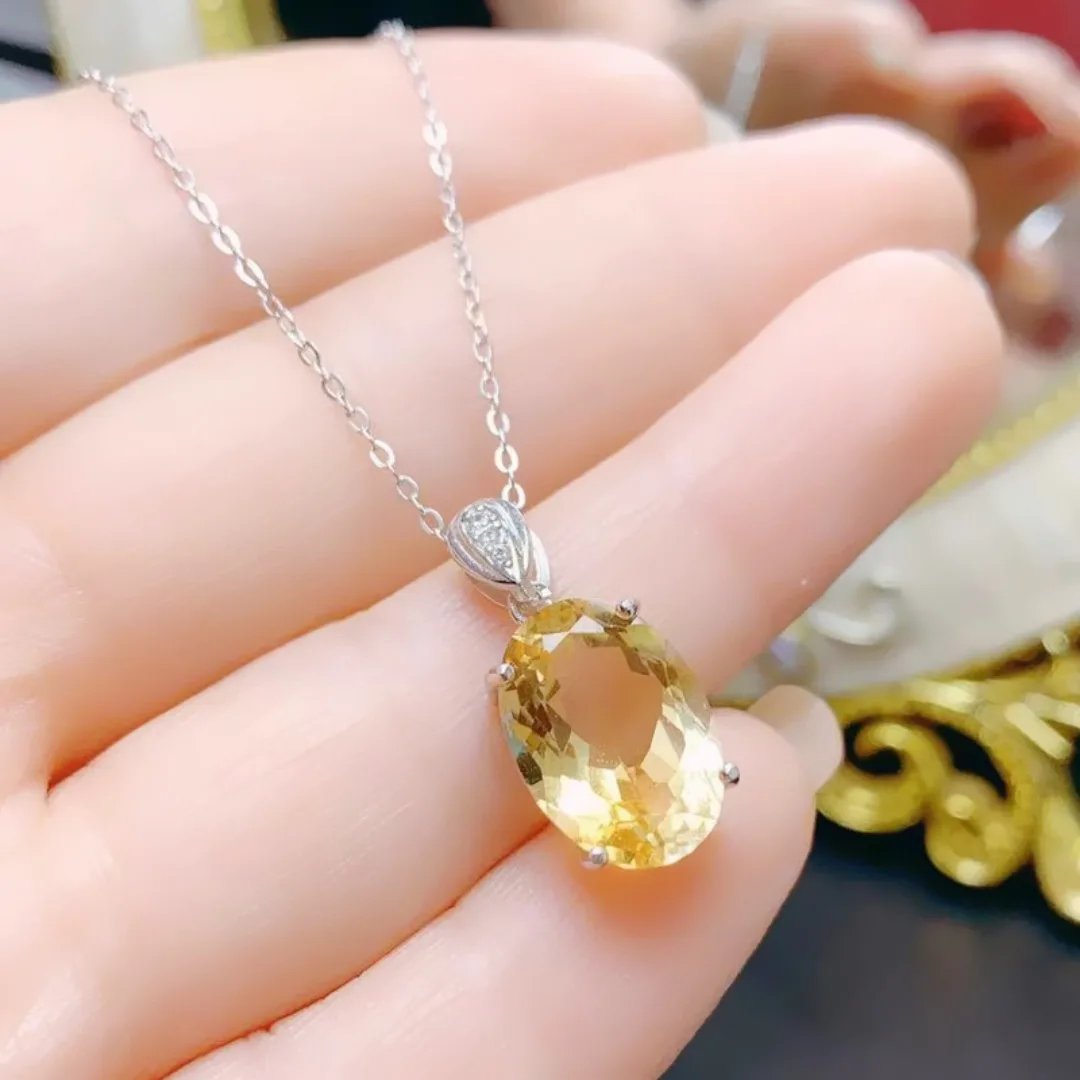 Natural Real Citrine Oval Big Necklace Pendant 10*14mm Gemstone 925 Sterling Silver Fine Jewelry