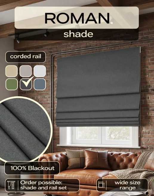 100% Blackout Roman Shade, Cord Control Roman Window Blind, Light Blocking Window Curtain for Living Room Bedroom Home Decor