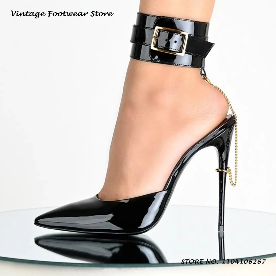 Patent Leather Stiletto Pumps with Chain Sexy Pointed Toe Thin Heels Party Dress Shoes Women's Buckle Strap Plus Size High Heels view 2