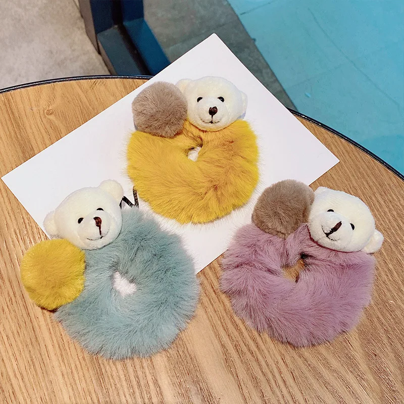 Cute Cartoon Bear Hair Scrunchies Pompom Hair Tie Winter Furry Elastic Hair Bands Ponytail Holders Women Girls Hair Accessories