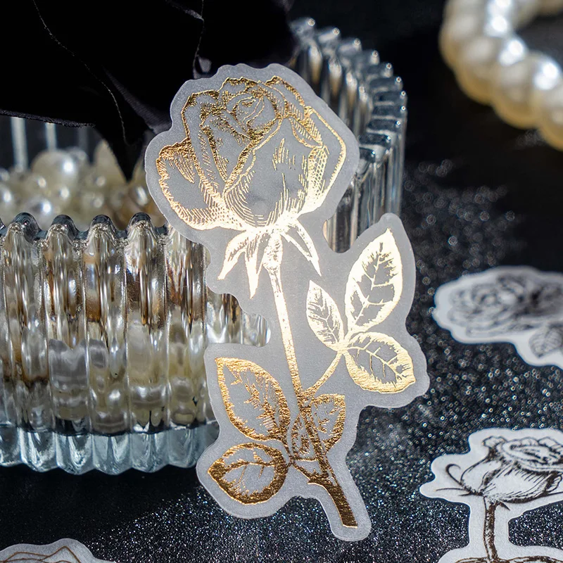 40Pcs Foil Roses Stickers Material Engagement Transparent paper gold Bronzing Base Decorative handbook Scrapbooking 134*80MM