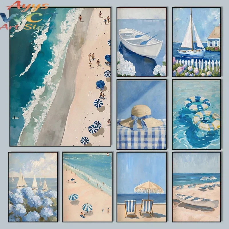 Blue Coastal Beach Sailboat Hydrangea Landscape Posters Prints Canvas Painting Wall Art Pictures Living Room Home Decor Cuadros