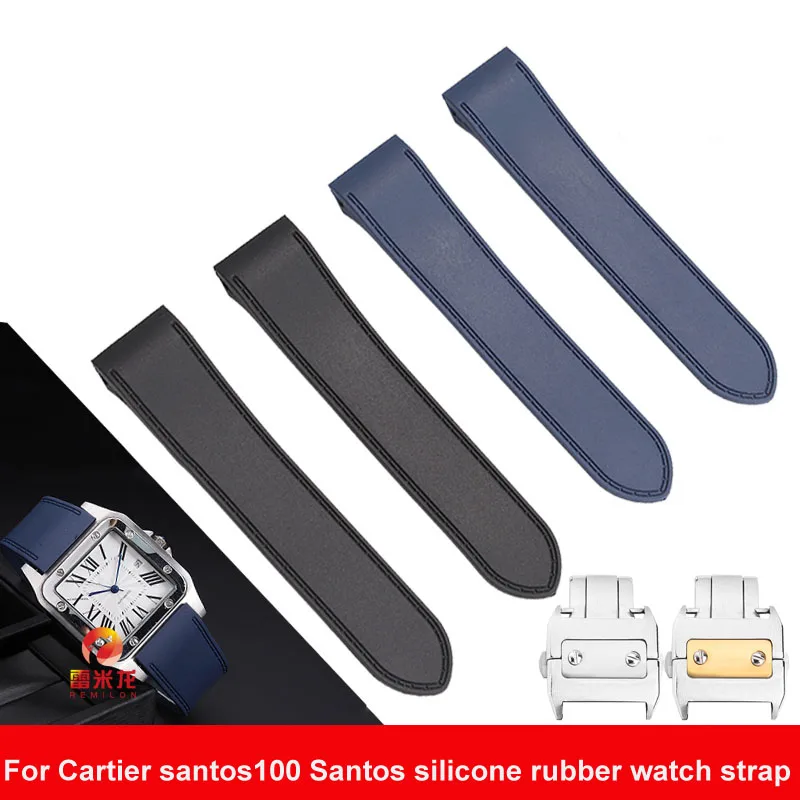 For Cartier santos100 Santos silicone rubber watch strap santos 100 Metal buckle watchband men soft bracelet 23mm 25mm