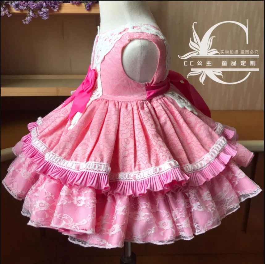 Summer Baby Girl pink Cotton Vintage Spanish Princess Dress Lace stitching ball Gown  Birthday Party Dress