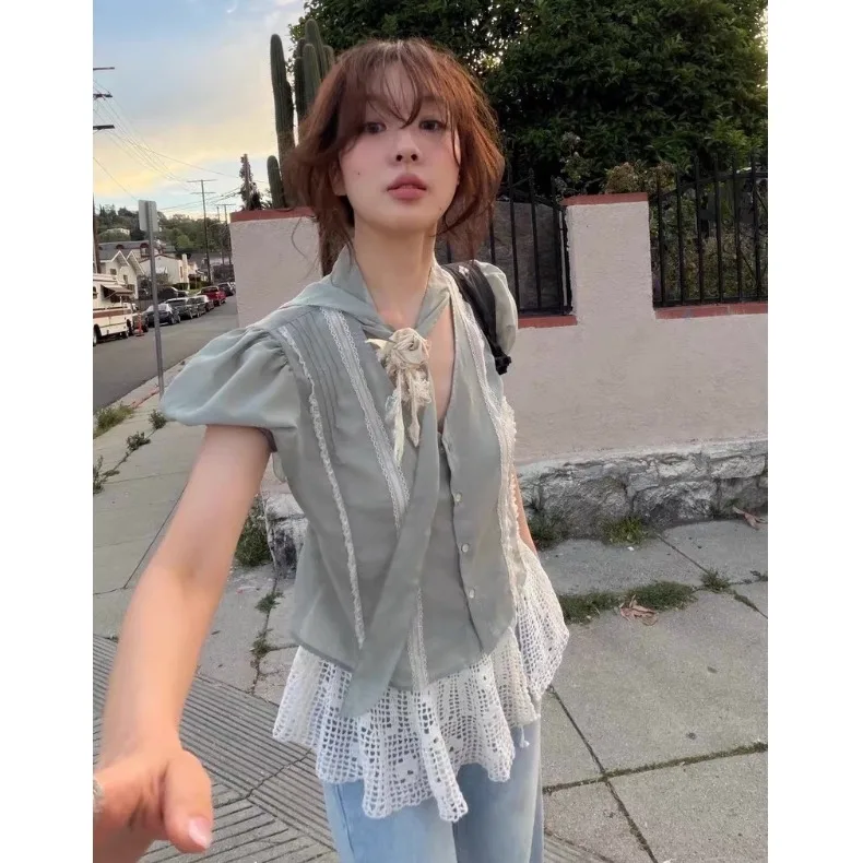 

Nimo Home Chic Sweet Summer New Style Lace Splice Bow Waist Bubble Sleeve Shirt Women's Fashion Short Sleeve Polyester Fiber