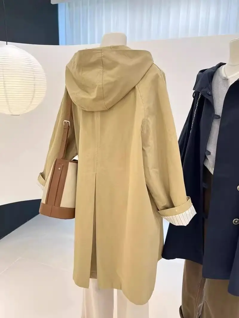 Autumn hooded trench coat large size loose tooling retro high-end medium and long coat tide