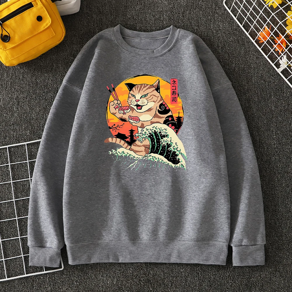 Japanese Harajuku Ukiyo E Style Eating Cat Mens Hoodies Street Sports Sweats Personality Crewneck Tops Korean Loose Men Hoody