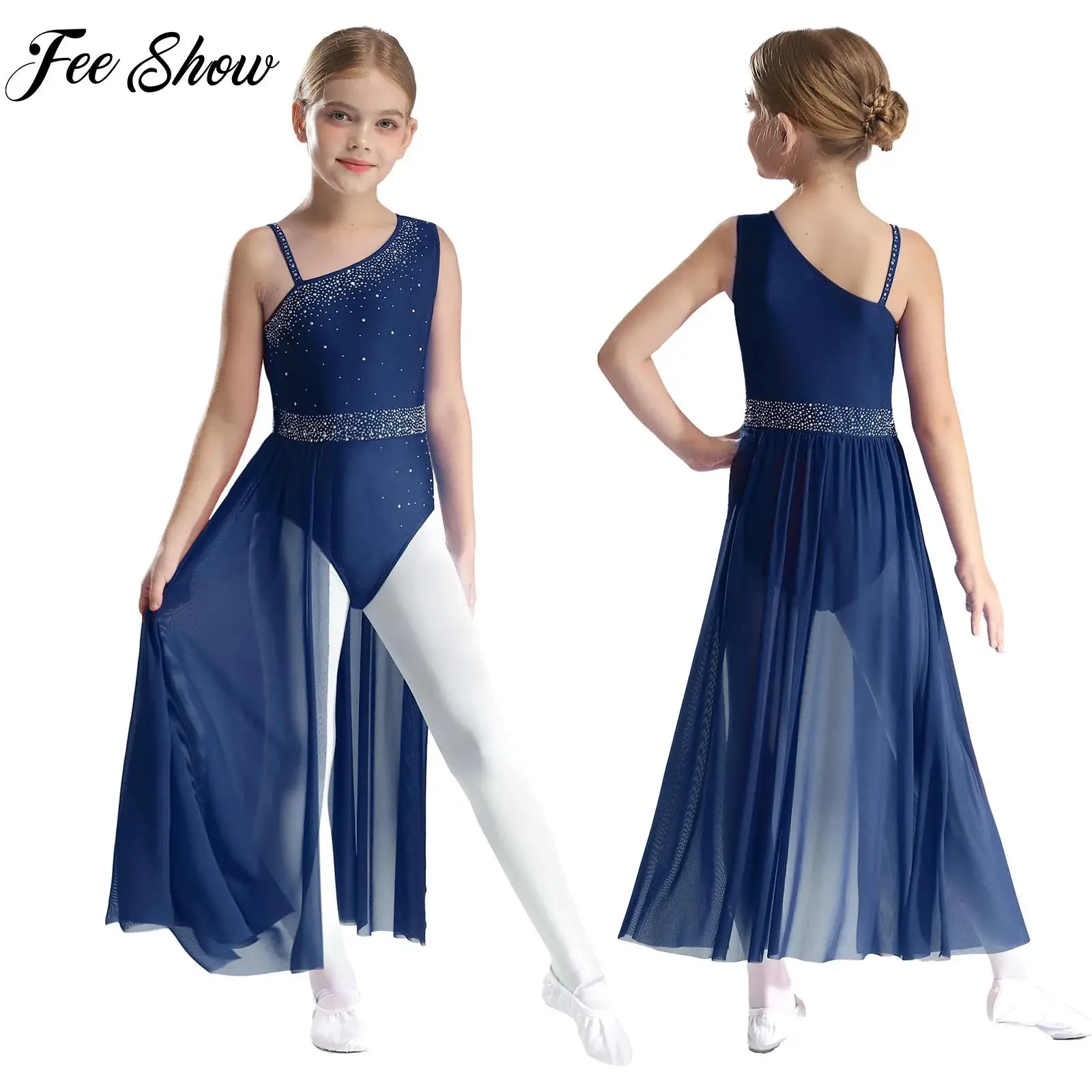 

Girls Lyrical Dance Dress Sleeveless Rhinestones Mesh Skirted Leotard Ballet Figure Skating Gymnastics Stage Performance Costume