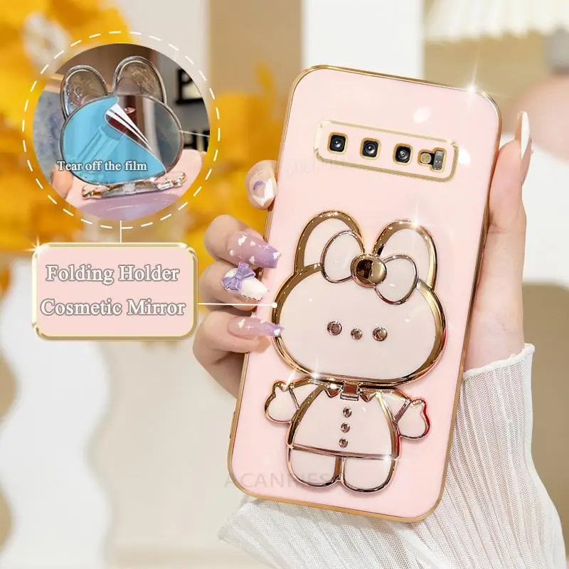 Plating Silicone Mirror Holder Case For Samsung Galaxy S10 S9 S8 Plus S10plus Note8 Silicone Stand Cover S 10 Note 8 9 20 Ultra