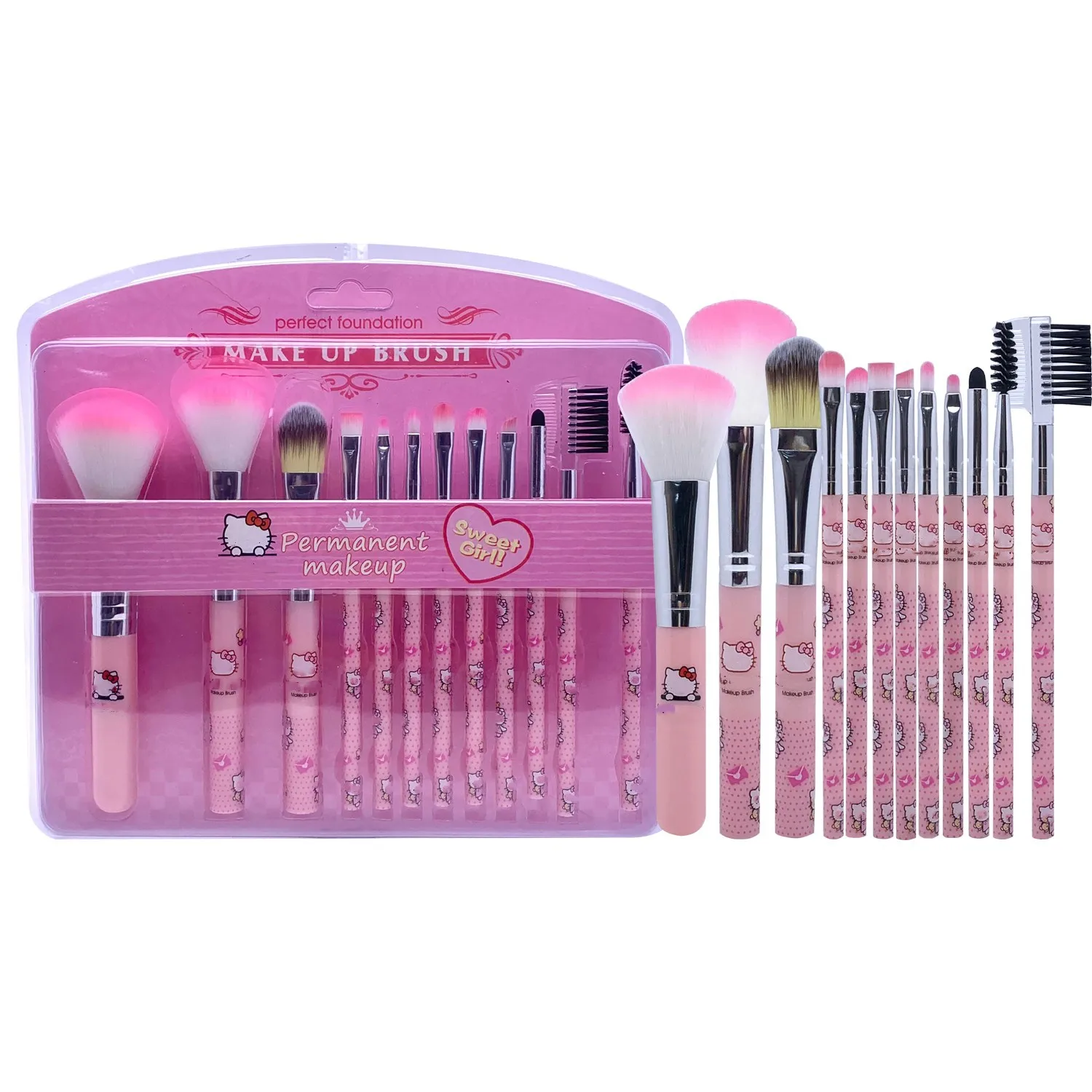 

Kawaii Sanrio HelloKitty Cartoon 12 Pcs Makeup Brush Set for Powder Blusher Brush Eye Shadow Brush Eyebrow Eyelash Beauty Makeup