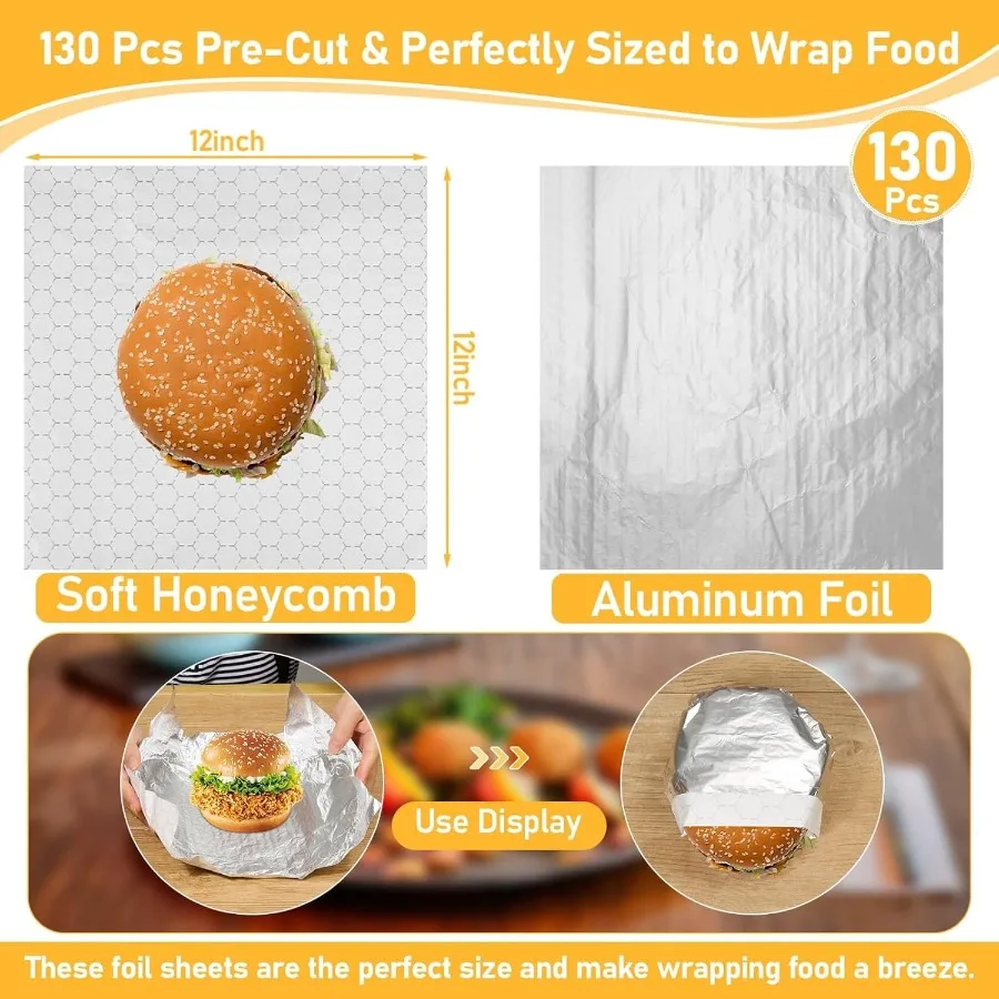 130 عبوة من ورق تغليف الساندويتش العازل من رقائق الألومنيوم مقاس 12 × 12 ورق رقائق مسبق القطع لتخزين المواد الغذائية والنقل المثالي