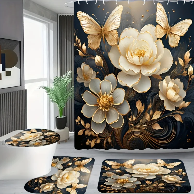 

4 шт., набор занавесок для душа с темным фоном и цветами Кинdee для квартиры, ванной комнаты и отеля с 12 крючками, в комплект входит