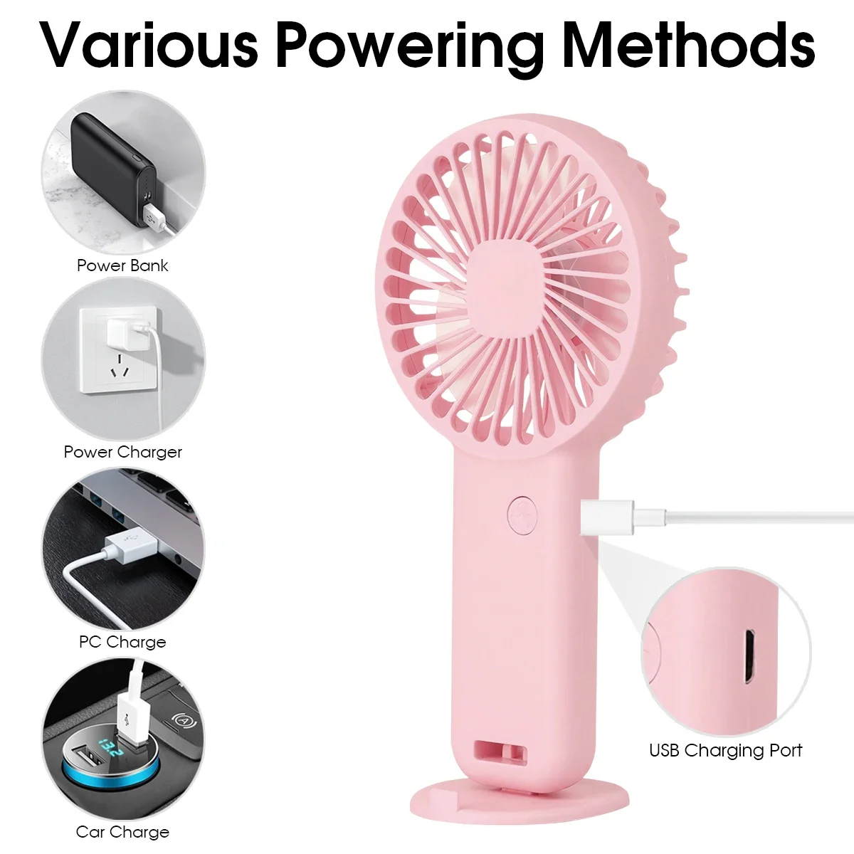 Draagbare miniventilatoren 600 mAh USB oplaadbare ventilatoren 3 modi met telefoonstandaard voor reismake-up Wimpersplezier voor kinderen Meisjes Vrouwen