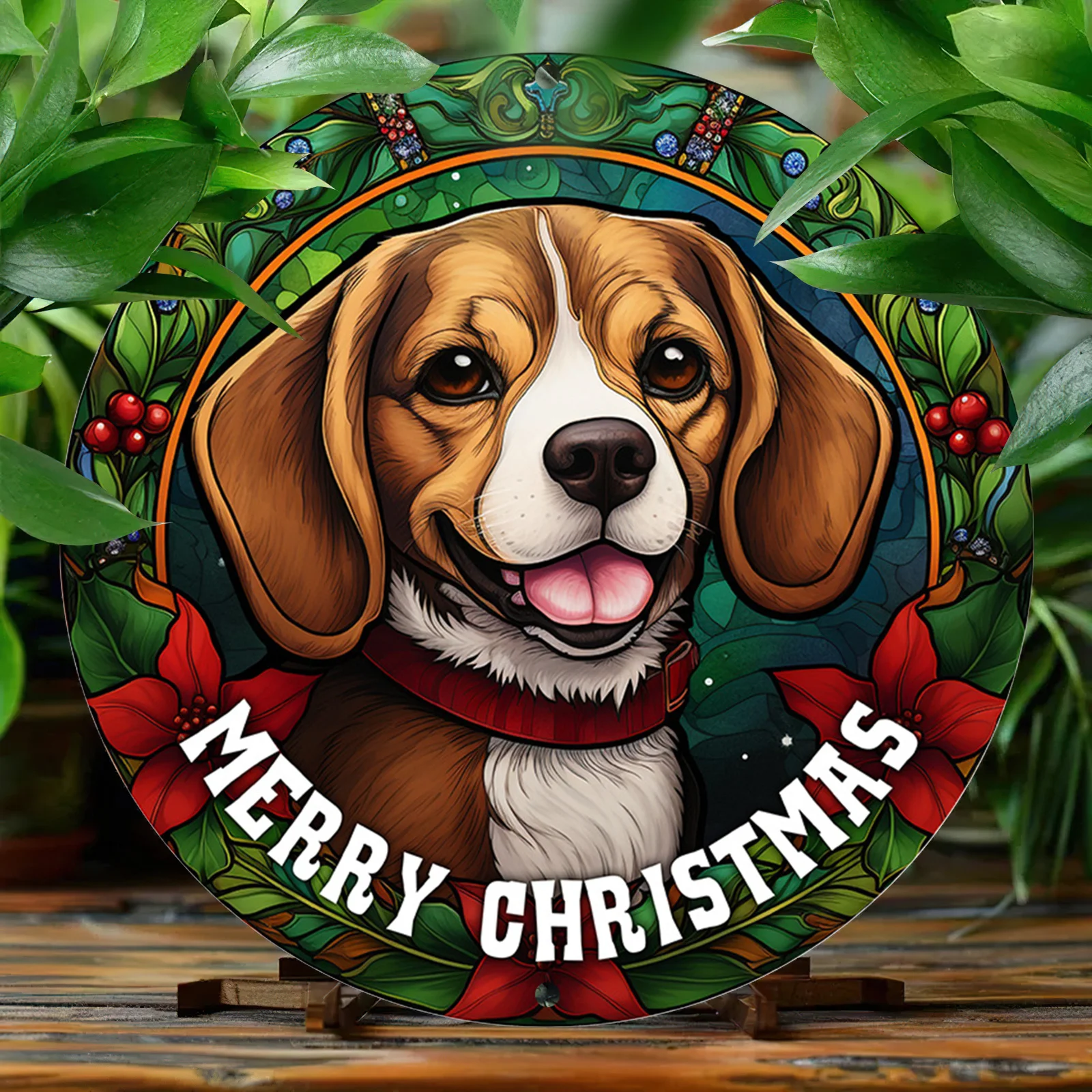 1pc Festive Beagle Christmas Round Aluminum Sign - 20.32x20.32 cm Vintage-Style Wall Decor with 